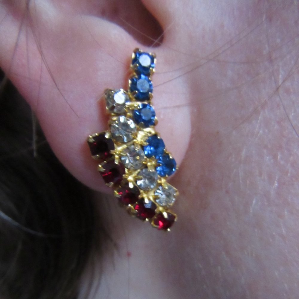 Vintage Red White Blue Clip on Ear Climber Earring